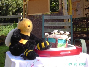 Buzz celebrating a Honey Pot birthday + African Hut cake